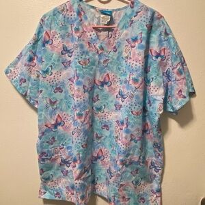 HQ Scrub Top Women’s Size XL Butterfly Print Polyester Blue Pullover‎